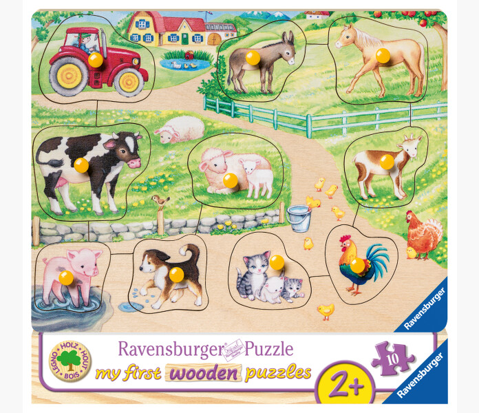 Knoppussel i tra med ett harligt och fargglatt motiv som skildrar bondgardslivet.   image