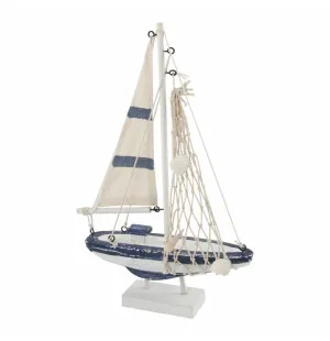 Blå vit Segelbåt i trä med nät 27x18cm image